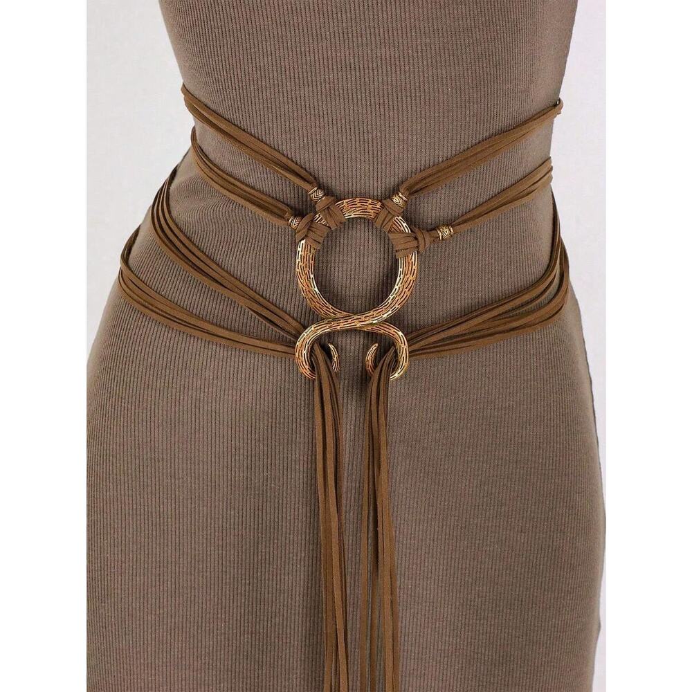 Gold Ring Wrap Belt - Brown Multi-Strap Waist Accessory - Picture 4 of 4